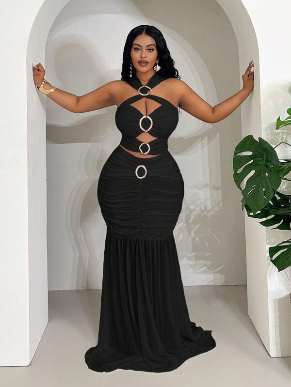 Slaydiva 2025 New Arrival Casual& Sexy  Style White Romantic Sexy Sheer Mesh Splice Hollow Metal Buckle Knot Pleat A-Line Skirt & Crop Top Set, Suitable For Spring And Summer Curvy Dress Slay Diva Dress Curve Birthday Outfit Plus Size Mermaid Dress