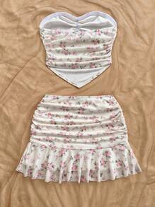 Soleia 两件套粉色碎花 3D 花朵吊带背心和迷你裙，适合约会、海滩、度假、浪漫少女风格