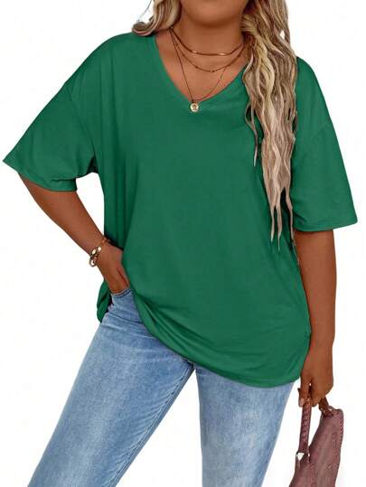 SHEIN LUNE Plus Size Summer Casual Solid Color Drop Shoulder Loose T-Shirt
