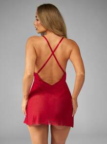 MISSGUIDED Elegant Lace Trimmed Satin Babydoll Nightgown Adjustable Cross Back Strap Lounge Sleep Dress Nightwear Honeymoon Essential Lingerie - Red - View 2