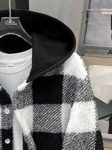 Tween Boys Casual Plaid Fleece Hooded Jacket, Open Front Loose Thick Outerwear For Autumn/Winter, Boys Teddy Jacket, Boys Plaid Jacket, Kids Black And White Hoodie Fall - Black - View 7