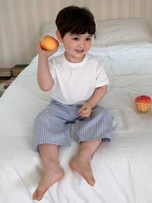 Hapijoa 2件套幼儿/婴儿男童休闲圆领短袖T恤和格子阔腿裤睡衣套装 - 淺藍色 - 查看 2