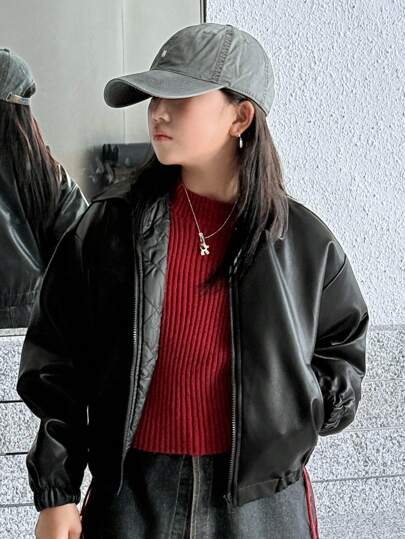 DAZY 少女街头风宽松休闲长袖短款羽绒服，适合秋冬季穿着的皮夹克