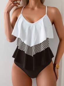 Swim Lushoire Women's Summer Beach Striped Patchwork Ruffle Hem Tankini Swimsuit Set - Black and White - View 5