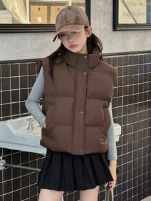 DAZY Áo khoác vest trơn màu thường ngày cho bé gái tuổi teen, áo vest phao - Cà phê nâu - Xem 4