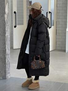 DAZY Hooded Loose Fit Mid-Length Padded Coat For Teen Girl Solid Color, Winter - Black - View 1