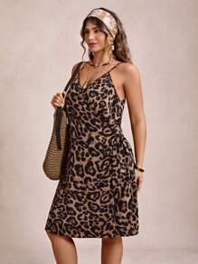 SHEIN VCAY 大码女式豹纹侧系带细肩带夏季连衣裙