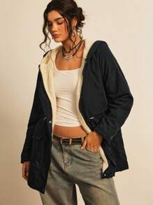 Freevana Plus Drawstring Waist Dual Pocket Teddy Lined Hooded Coat, For Winter Fall Autumn - Black - View 3