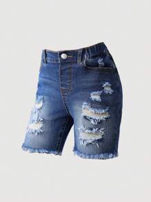 SHEIN Young Girl' Blue Elastic Skinny Ripped Denim Shorts, Spring And Summer Casual Vacation Country Boho Wear