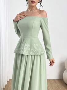 Modelyn 2pcs Women's One-Shoulder Embroidered Waist-Cinching Blouse Set, Elegant Style