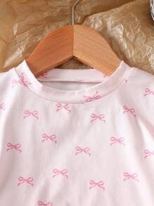 SHEIN Vintaside Kids 婴幼儿女孩 0-3 岁休闲可爱蝴蝶结 T 恤和牛仔短裤两件套 - 粉色 - 查看 4