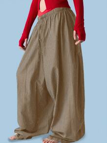 COUREZ 低腰条纹宽松筒裤 夏季棉质 - 芥末黃 - 查看 2