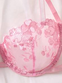 SHEIN Bộ 2 chiếc/Bộ đồ lót ren thêu màu xanh da trời gợi cảm cho nữ - Hồng - Xem 6