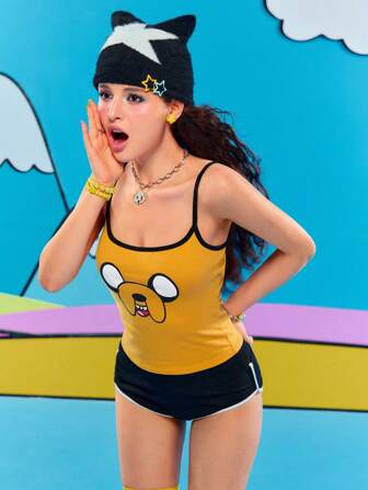 Adventure Time X ROMWE Y2K Style Cute & Quirky Cartoon Pattern Colorblock Fitted Camisole Top