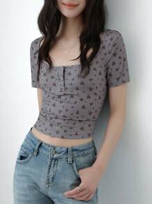 K-Vae Women's Summer Gray Floral Casual T-Shirt, Floral Print T-Shirt, Round Neck Tight Elastic Short Sleeve Cropped T-Shirt - Grey - View 4