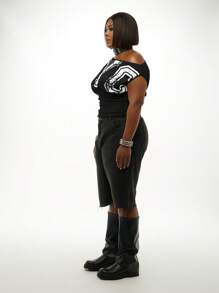 SUMWON WOMEN 纽约大码露肩休闲上衣女款都市街头风格侧褶朋克另类时尚 Y2K 街头服饰秋冬系列 - 黑色 - 查看 4