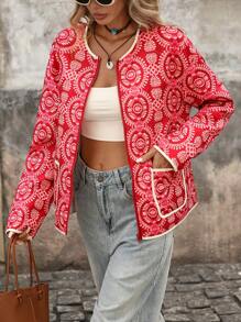 Brillora Women's Vacation Plant Print Zip-Front Regular Jacket. Embroidered Jacket Women. Red Blazer Women. Summer Jacket Women.Vacation,Vacation Style, Boho Jacket Women,Going Out Outfits,Country Outfits Women,Fall Clothes, Red Embroidered Jacket,Winter Clothes,Autumn Clothes,Fall Clothes,Old Money Style - Pink - View 5