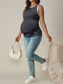 SHEIN 孕妇休闲条纹褶饰修身吊带背心（夏季） - 藏蓝色 - 查看 5