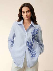 Anewsta 宽松女式衬衫，蓝白条纹串珠装饰，度假风设计 - 藍白色 - 查看 3