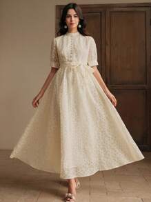 Anewsta Elegant Round Neck Decorative Button Waist Tie Short Sleeve Flared Hem Dress - Apricot - View 1