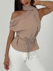 Aloruh 1 pieza Blusa de gasa asimétrica de unicolor elegante para mujer, verano