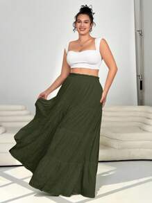 SHEIN EZwear Plus Size Women High Waist A-Line Skirt - Army Green - View 5