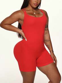 SHEIN Sport Studio Damen Große Größen nahtloser roter Rückenausschnitt Jumpsuit