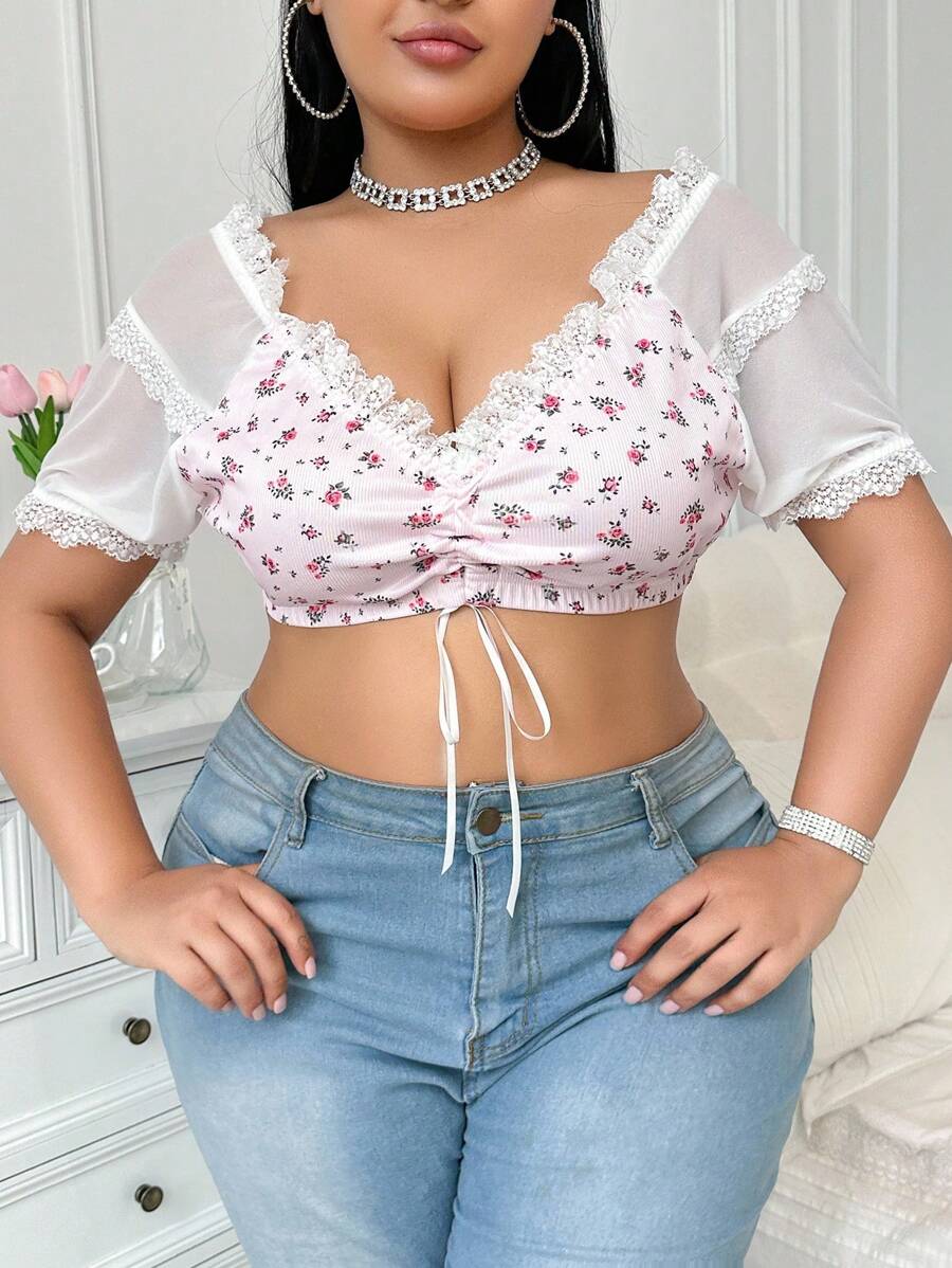 SHEIN Plus Size Women Non-Wired Ditsy Floral Colorblock Short Sleeve Bralette - Pink - View 1