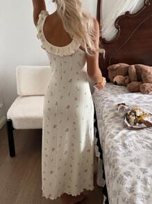 CottageSlumber 提花针织花卉荷叶边睡袍，花朵图案华丽，舒适优雅 - 米色 - 查看 5