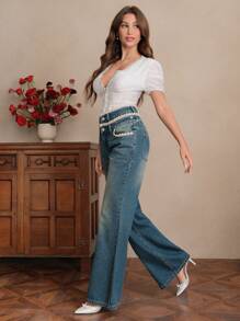 SHEIN Unity Fashion Women Straight Leg Floor Length Denim Jeans - Blue - View 5