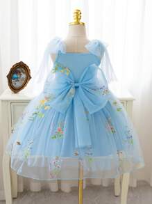 SHEIN Glamorique Kids Váy lưới tuyn thêu nơ cho bé gái, màu xanh lá cây, dành cho lễ Phục sinh, phù dâu, tiệc sinh nhật, đám cưới, ngày lễ, biểu diễn, chụp ảnh, phù hợp với mọi mùa - Màu xanh lam - Xem 2