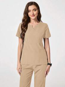 TaskEZ Solid Color Notched Neck Short Sleeve Top And Pocket Shorts Scrub Uniform Set - Khaki - View 5