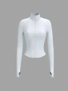 SHEIN Tall 女款淺藍色拉鍊連帽外套，秋季運動健身長袖輕量基本款，休閒時尚，彈性透氣戶外穿著，適合高個女性 - 淺灰色 - 查看 9