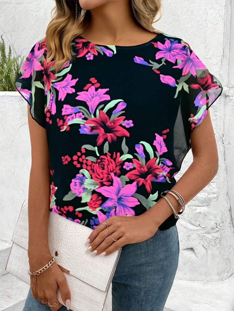 SHEIN LUNE 2025 Summer New Arrival Mesh Flower Print Slim-Fit T-Shirt - Black - View 1