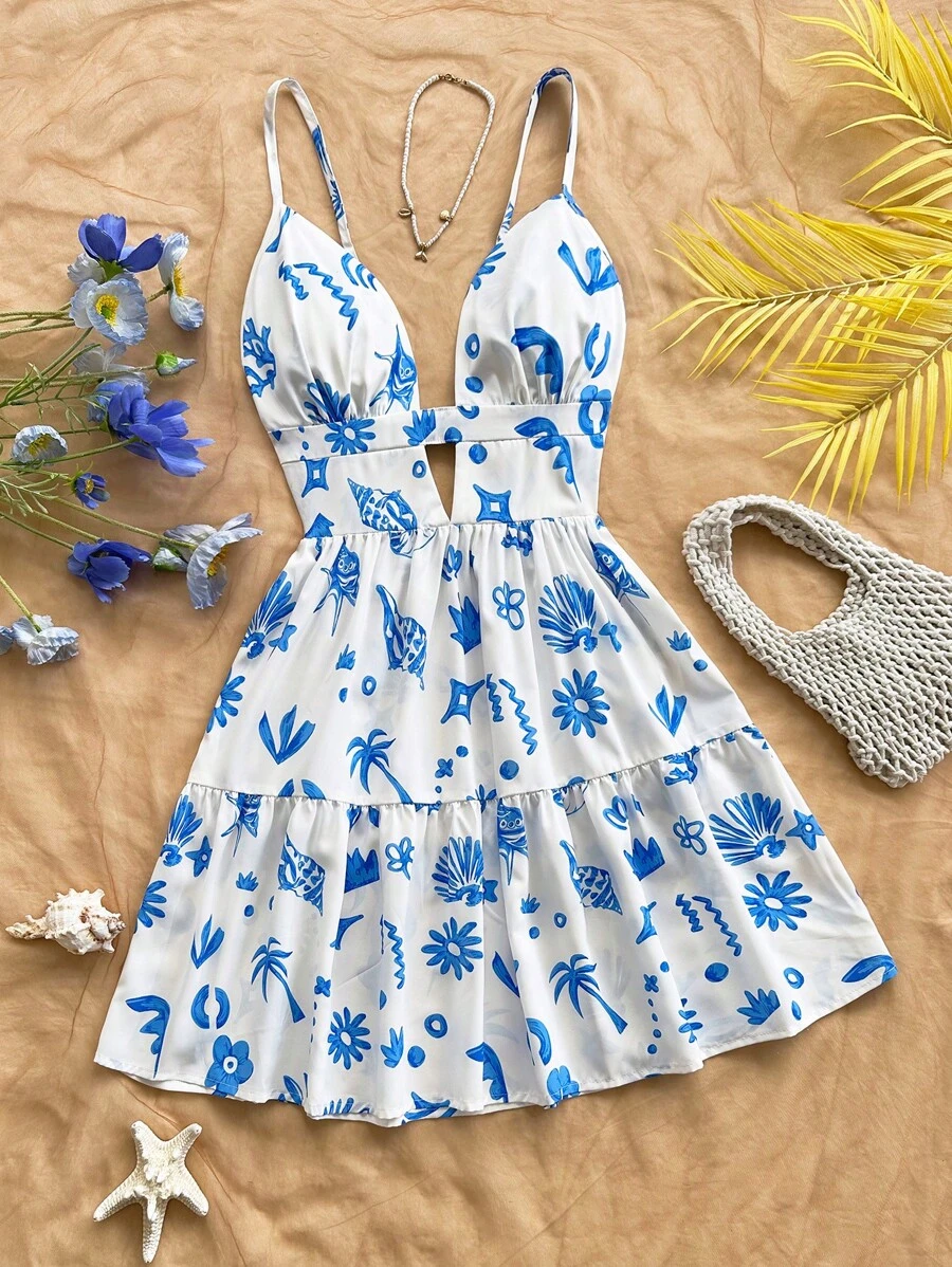 Soleia 女士度假主题水彩海洋印花休闲迷你连衣裙，适合海滩度假、夏季、返校、休闲、约会、下午茶、海滩、游轮、公路旅行、音乐节、波西米亚风度假 - 藍白色 - 查看 1