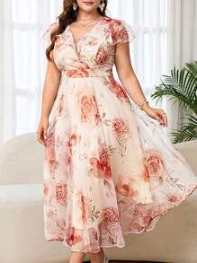 Reflora 大码女式优雅花卉印花连衣裙，夏季婚礼宾客长裙 - 彩色 - 查看 2