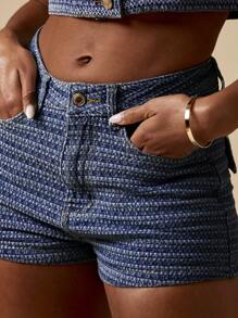 MISSGUIDED Mid Rise Denim Shorts Textured Jacquard Pattern Spring Summer Casual Western Bottoms - Blue - View 4