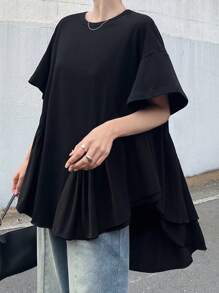 FRIFUL Tricou pentru femei, tiv asimetric, volane, scurt, față, spate, simplu, lejer, guler rotund, mânecă scurtă, bluză asimetrică de primăvară/vară, bluză neagră, top supradimensionat, bluză cu volane, top înalt și jos - Negru - Vizualizare 4