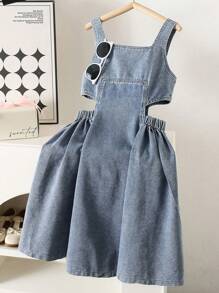 SHEIN Girls' Design Sense Fashionable Dress, New Summer Tween Girl' Soft Washed Denim Strap Princess Dress - Blue - View 1