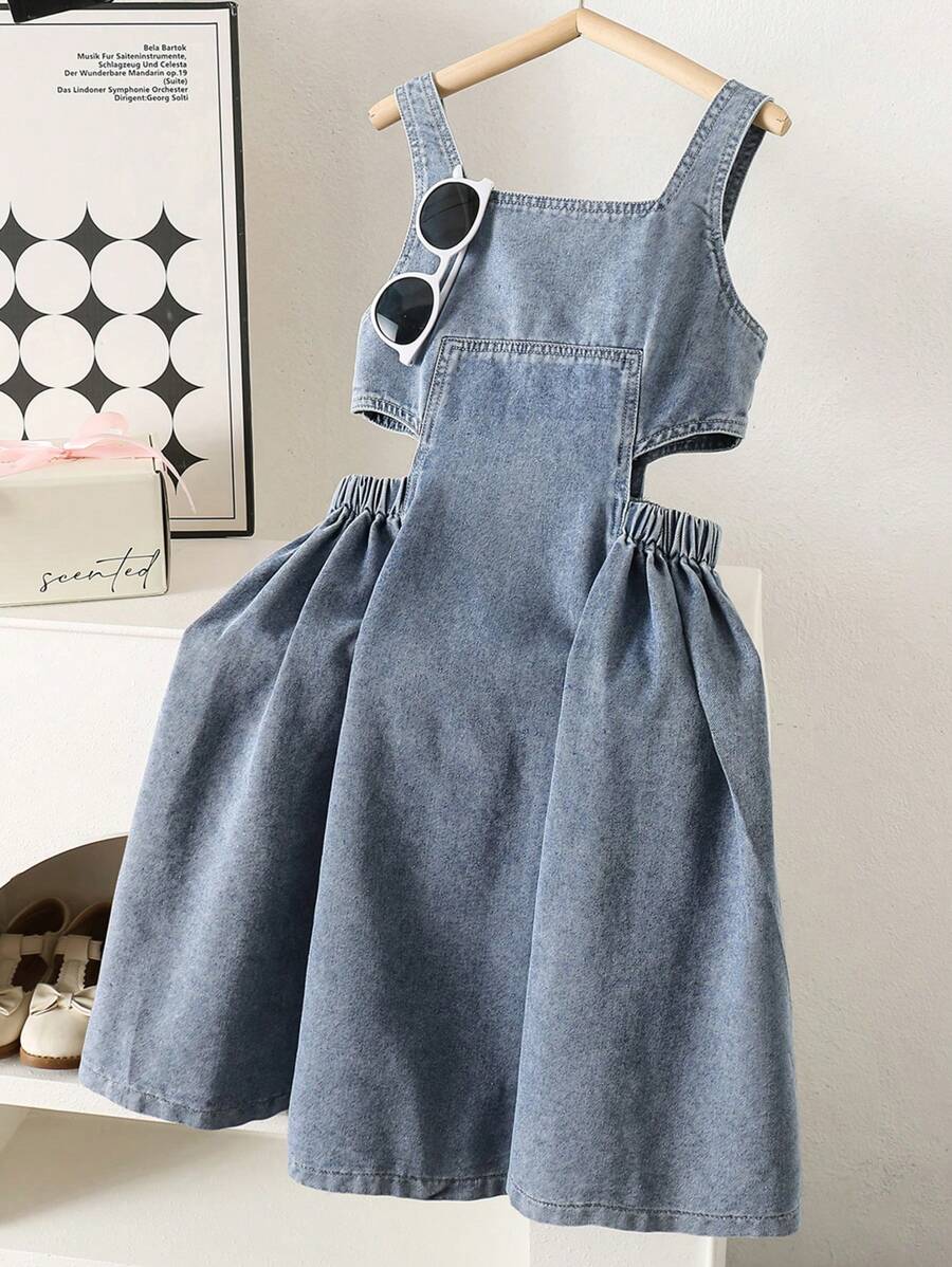 SHEIN Girls' Design Sense Fashionable Dress, New Summer Tween Girl' Soft Washed Denim Strap Princess Dress - Blue - View 1