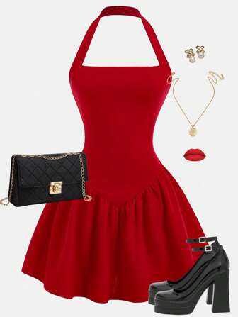 Firerie Kids Firerie Kids 青少年女孩休闲优雅红色针织细肩带紧身喇叭迷你连衣裙，适合情人节、万圣节、派对、日常、返校装