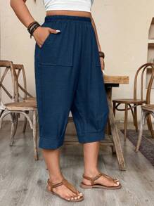 Weeklong Plus SizeCasual Imitation Linen Cropped Pants - Navy Blue - View 1
