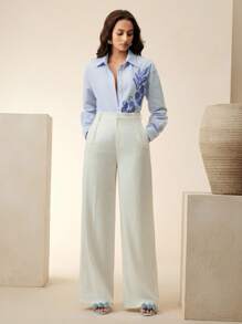 Anewsta 宽松女式衬衫，蓝白条纹串珠装饰，度假风设计 - 藍白色 - 查看 4