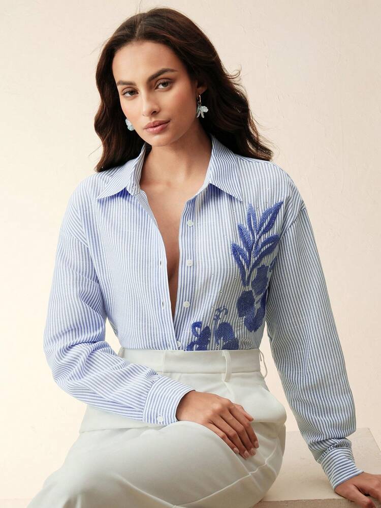 Relaxed-Fit Women's Blouse With Blue & White Striped Beaded Embellishment, Vacation-Inspired Design