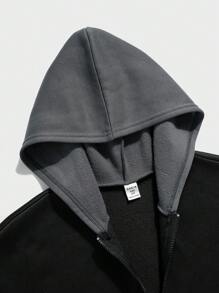 SHEIN 舒适涤纶拉链卫衣，适合青少年男孩，落肩设计，带帽。适合秋冬季穿着。 - 黑色 - View 5