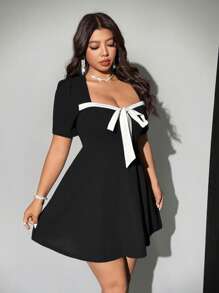 Viva Relle Đầm tay ngắn thắt nút phía trước gợi cảm và thanh lịch cho nữ cỡ lớn - Đen và trắng - Xem 6