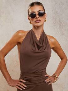 COSMINA Women's Sexy Solid Color Backless Halter Bodysuit, Summer - Coffee Brown - View 4