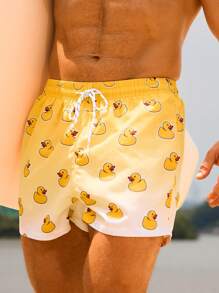 Surfspeed Men's Cartoon Duck Print Drawstring Waist Beach Shorts - Yellow - View 5