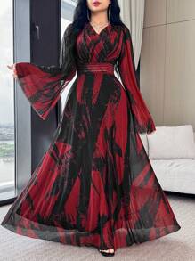 Modelyn Women's Elegant Contrast Color Bell Sleeve Dress - Multicolor - View 2