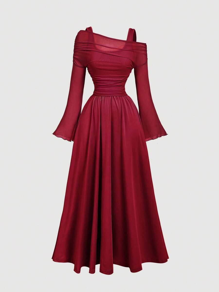 SHEIN MOD Váy dài tay hở vai màu đỏ tía 2 trong 1 tay kèn cho nữ, phong cách phương Tây, cổ điển, thập niên 70, tiệc độc thân - Màu Đỏ Sâu - Xem 1
